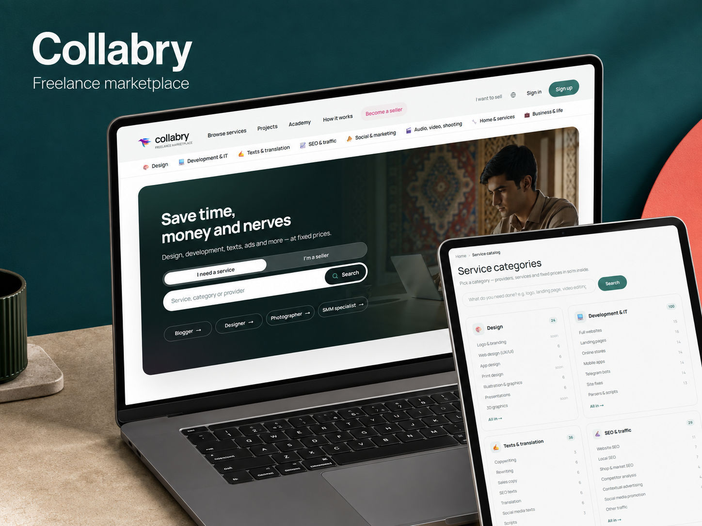 Collabry laptop and tablet mockup showing its freelance marketplace homepage and service catalog