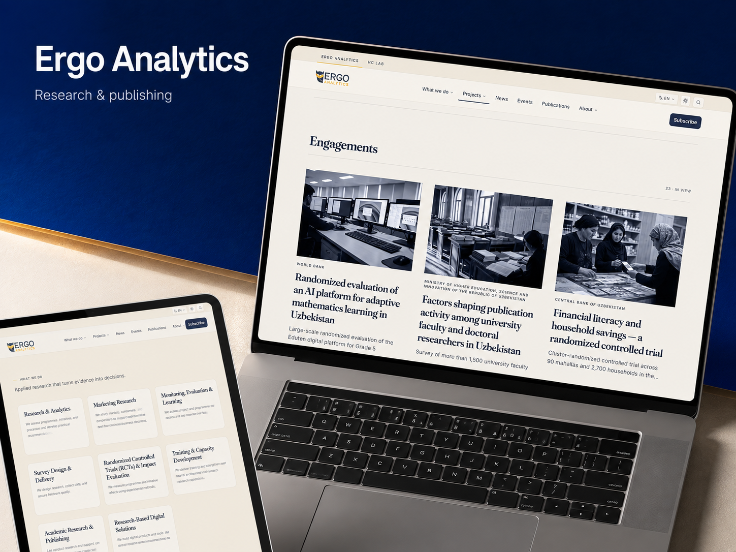 Ergo Analytics laptop and tablet mockup showing research projects and practice areas