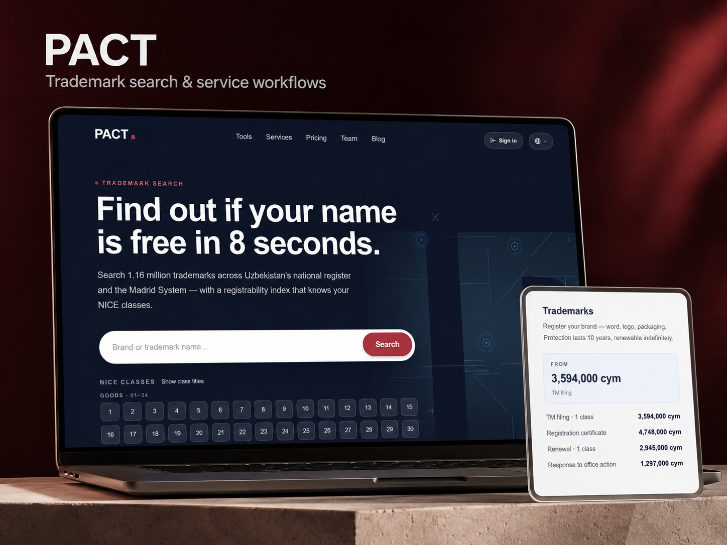 PACT laptop mockup showing trademark search with an overlapping pricing detail