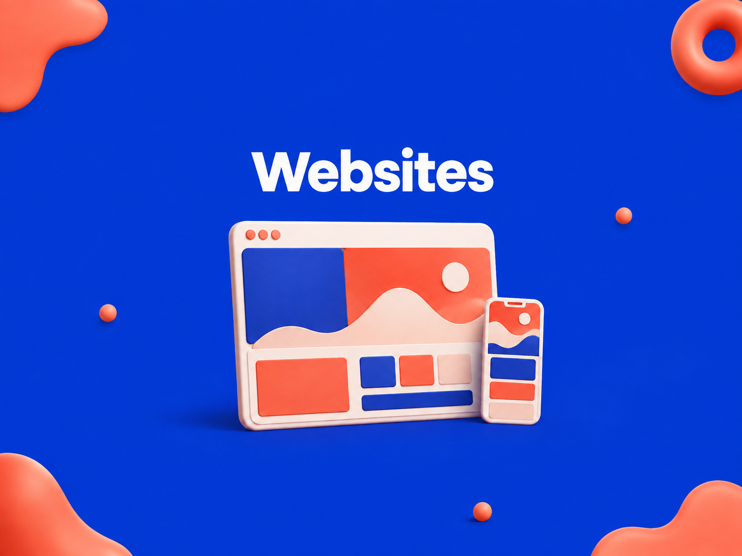 Blue and coral illustration of a website on desktop and mobile