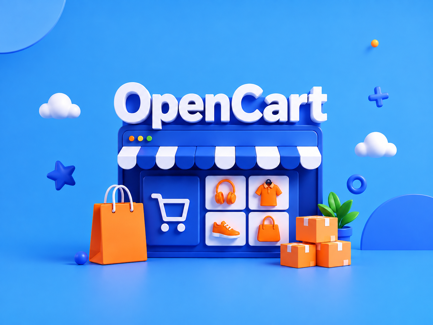 Blue OpenCart storefront illustration with orange products