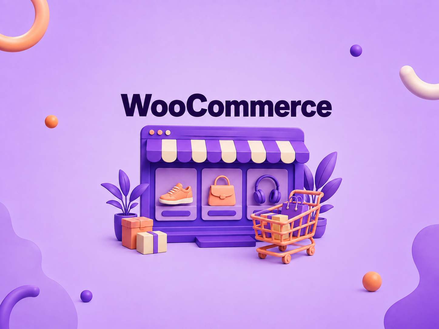 Purple WooCommerce storefront illustration with a peach shopping cart
