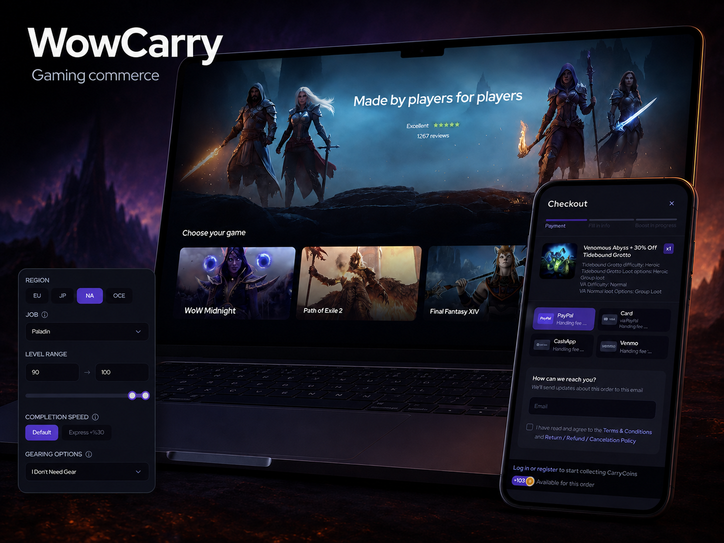 WowCarry gaming-commerce laptop and phone mockup showing its homepage, product options and checkout